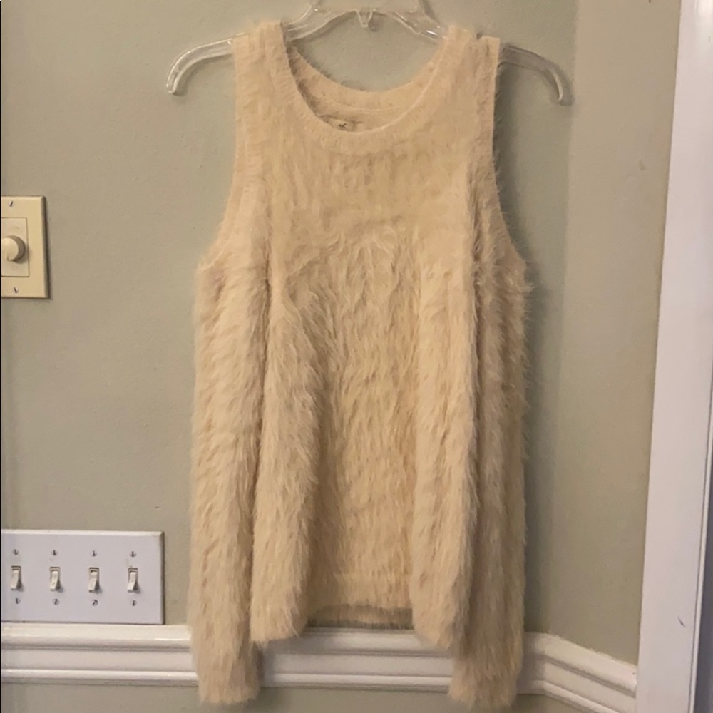 Cream collected open shoulder fuzzy shirt